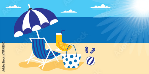Hello Summer beach with beach chair and umbrella holiday Vector