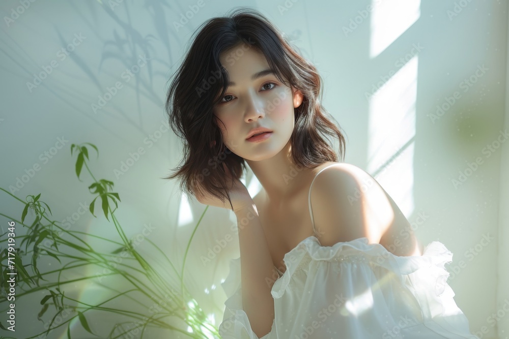 good looking beautiful woman in white dress posing in white room with plant. good looking beautiful woman in white dress posing in white room with plant.