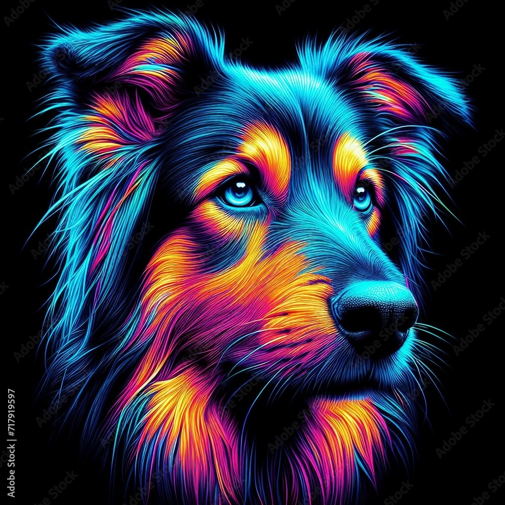 Fototapeta Colorful neon-lit dog portrait, vibrant, artistic concept. Vibrant neon colors in a detailed dog digital artwork. The neon effect in the background adds a unique twist