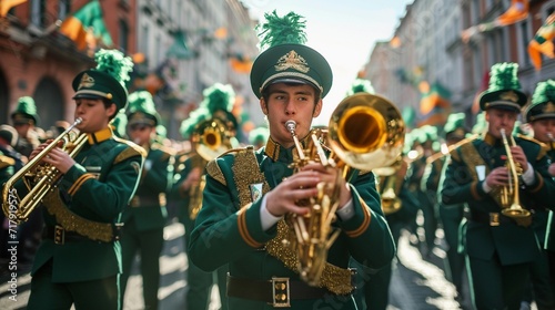 Energetic marching band in green uniforms. St. Patrick's Day parade. AI Generated photo