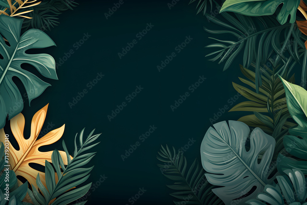 A collection of tropical leaves forms a frame against a dark green background, creating a foliage plant background with space for copy. A collection of tropical leaves forms a frame against a dark green background, creating a foliage plant background with space for copy.