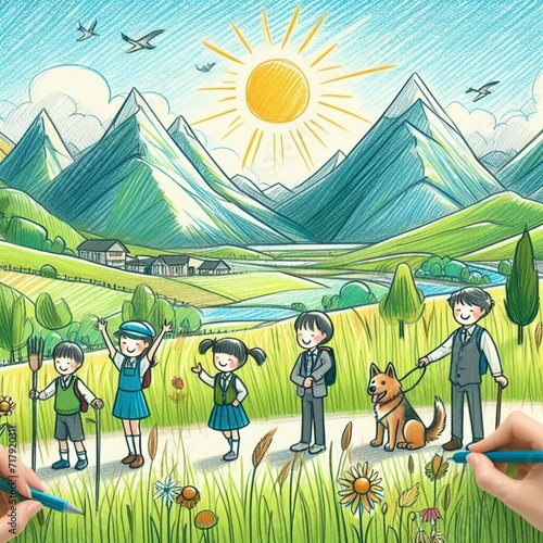 Drawing a sunny nature scene with mountains, long green grass, young school students alongside their school supervisors, and guarding dogs, all in a joyful state, enjoying a Van Gogh-style outing.