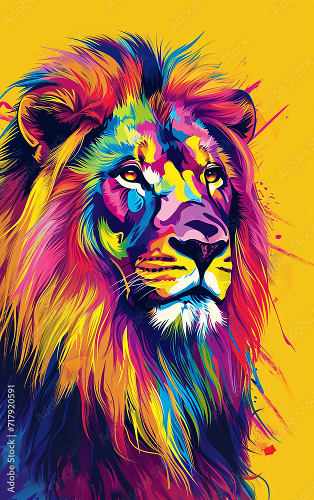 leão design de adesivo, arte, criativo, cores fortes, fundo de cor sólida