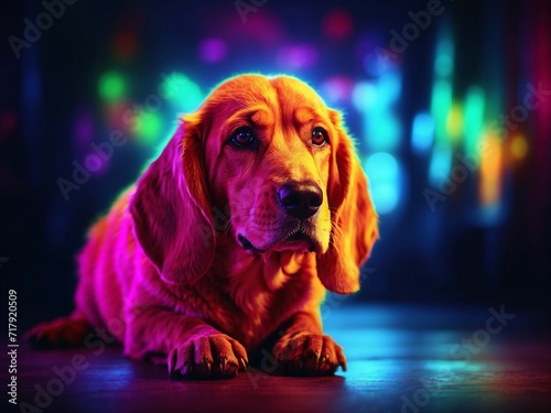 A portrait photo featuring a Basset Hound dog with neon lights in the background, crafting a lively and vibrant atmosphere