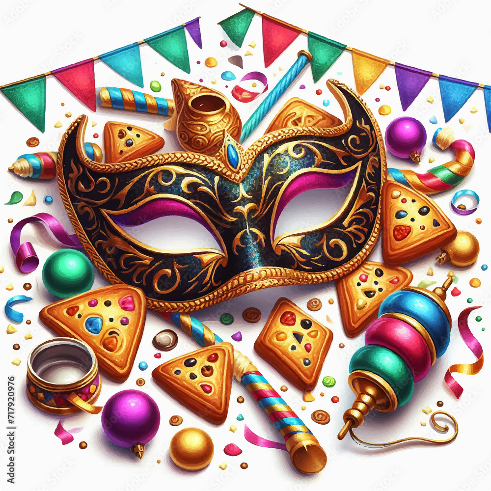 carnival mask, colored flags, ear cookies, serpentine for the Purim holiday