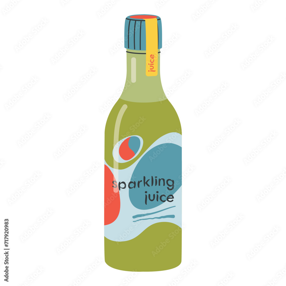 Sparkling juice drink in glass bottle concept. Soda, fruit juice, lemonade, or cocktail beverage in cartoon style. Organic summer refreshment. Flat vector illustration isolated on white background. Sparkling juice drink in glass bottle concept. Soda, fruit juice, lemonade, or cocktail beverage in cartoon style. Organic summer refreshment. Flat vector illustration isolated on white background.