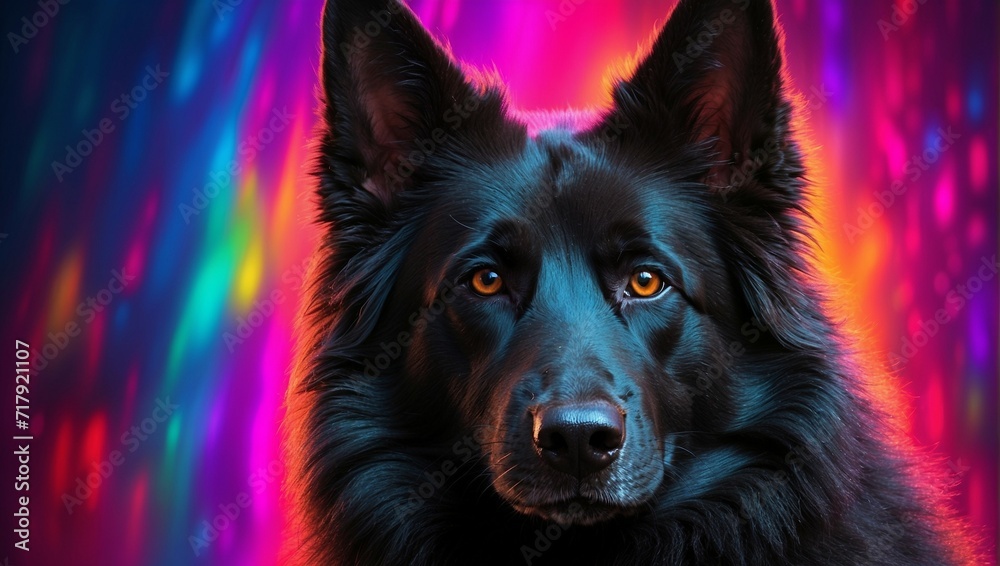 A portrait featuring a Belgian Sheepdog against a vibrant backdrop. The colorful background contributes a distinctive twist to the overall composition