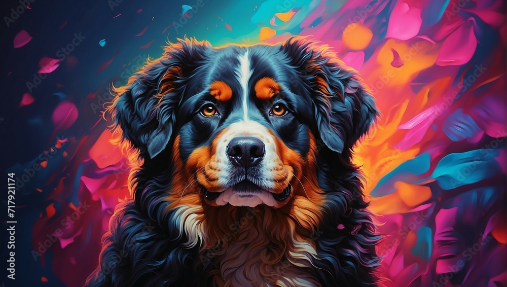 A portrait photo highlighting a Bernese Mountain Dog with a colorful background, shaping an eye-catching and vibrant scene