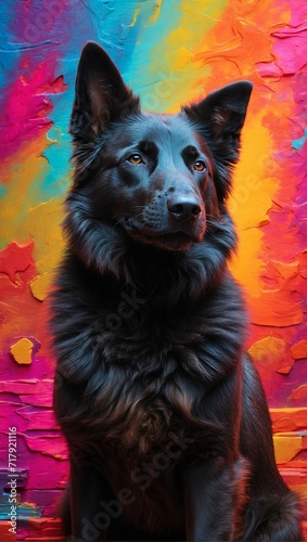 A portrait featuring a Belgian Sheepdog against a vibrant backdrop. The colorful background contributes a distinctive twist to the overall composition