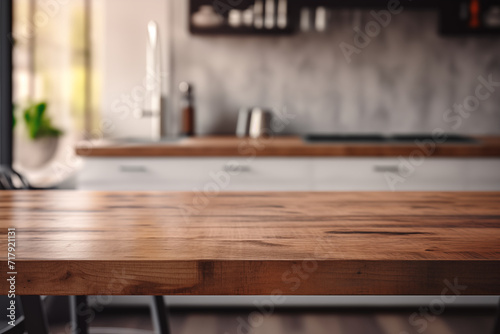 Wood table top on blur kitchen counter (room)background. Concept template for product presentation, dish advertising