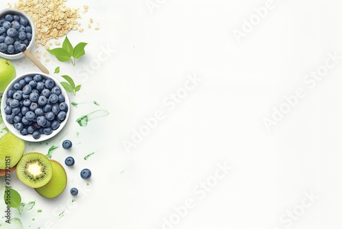 breakfast foods with fruit and cereal on top of a white table