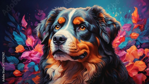 A portrait photo highlighting a Bernese Mountain Dog with a colorful background, shaping an eye-catching and vibrant scene © noah