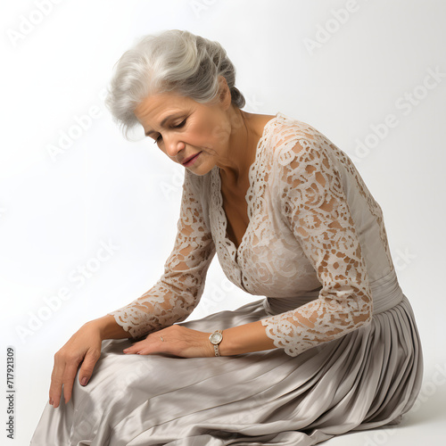 Elderly woman hunched over, symbolizing osteoporosis isolated on white background, text area, png
 photo