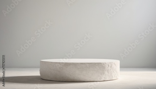 White stone round podium. Realistic platform for product presentation. Minimal nature scene with pedestal mockup. Concept exhibition or award ceremony