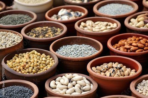 colorful dried seed bowls full of various types of seeds