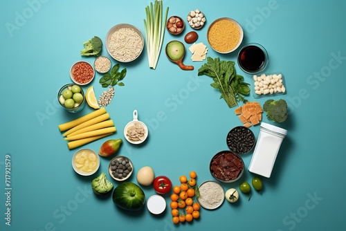 food and household items in a circular shape on a blue background