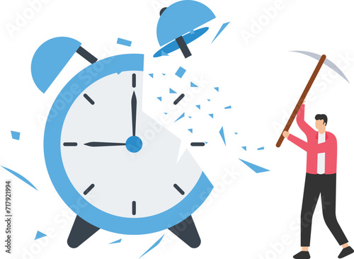 Procrastination postpone to get thing done later, too tight business deadline or cannot finish work in time concept, young man holding big hammer smashing on loud reminding alert alarm clock.

