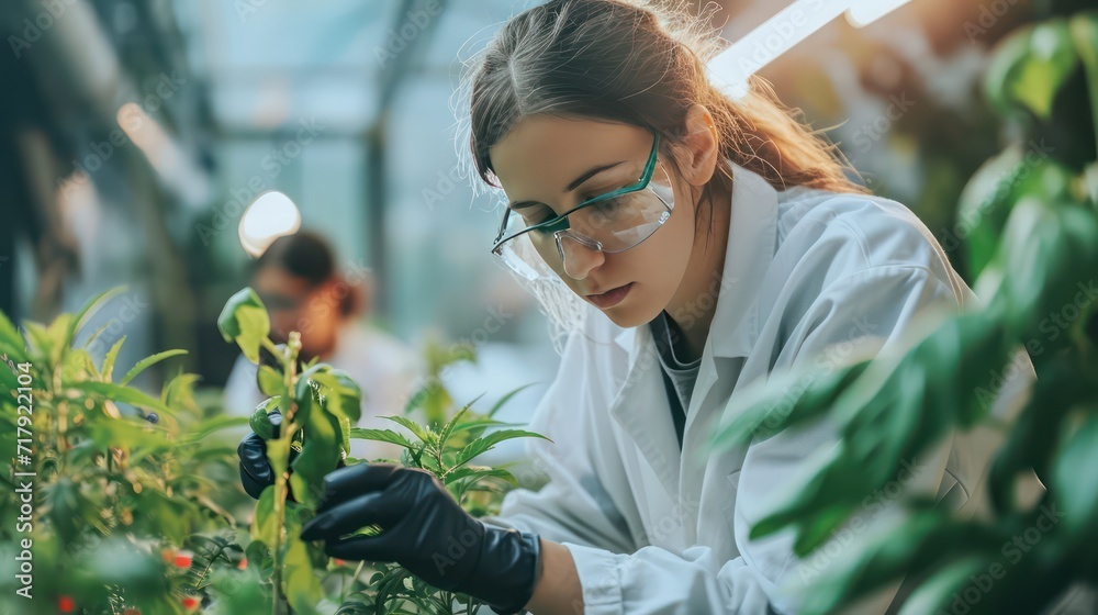 Young woman biologist studying plants in laboratory or greenhouse. Generative AI Young woman biologist studying plants in laboratory or greenhouse. Generative AI