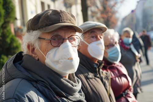 A group of senior adults wearing masks, possibly to protect against PM2.5 or during a flu outbreak. 