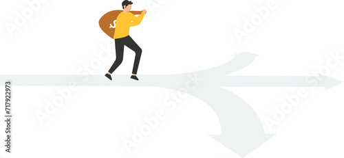 Financial crime, stealing money, investment risk or banking security concept, young man or thief stealing or carrying away with money bag

