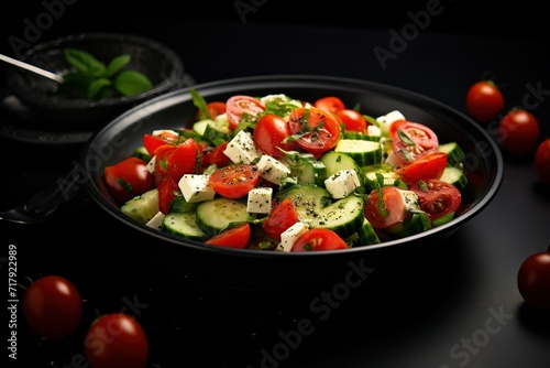 salad with tomatoes, feta cheese, and cucumbers on a dark background