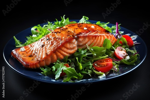 salmon steak on salad green salad vegetables, some salmon, and green salad on a plate