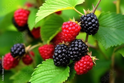 small red and black raspberries grow on a bush in the garden, ripe raspberries on a branch with green leaves