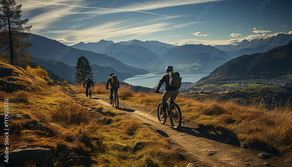 Obraz premium man caucasian male cyclist riding e-bike electric bicycle outdoor in mountain range at the gorge or ridge in front of his friends wear protective helmet and eyeglasses in sunny day copy space