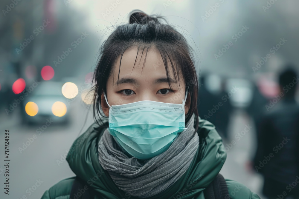 A woman wearing a PM2.5 protective mask stands on a busy urban street, highlighting the issue of air pollution in the city.
