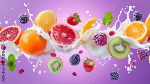 Milk splash with fruits and berries. White liquid with fruits and berries on purple background.