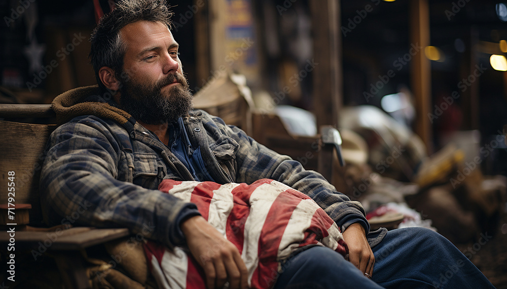 homeless man sleeping on a bench underneath a american flag blanket