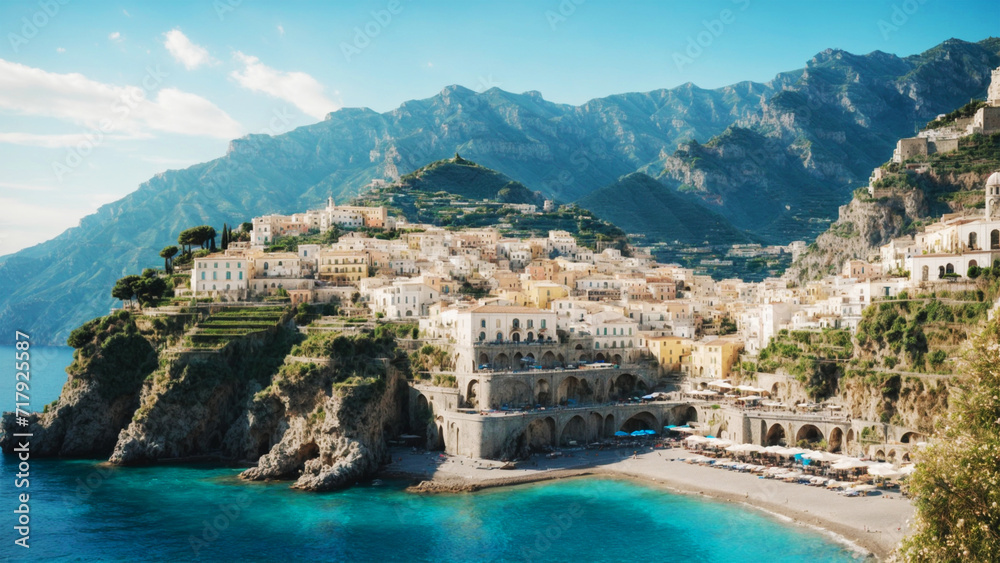 Landscape with Atrani town at famous Amalfi coast, Italy, sunlight, bright, blue water ai generative