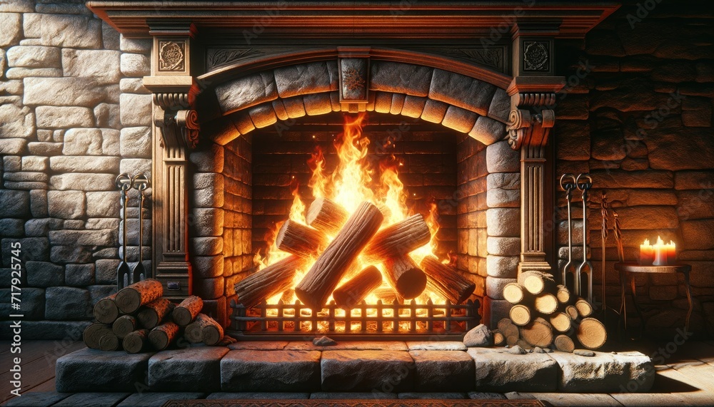 Rustic Stone Fireplace with Roaring Fire Rustic Stone Fireplace with Roaring Fire