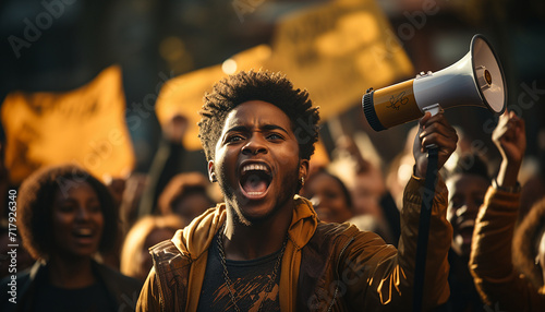 Young African American woman shouting through megaphones while supporting anti-racism protests. © Thijs