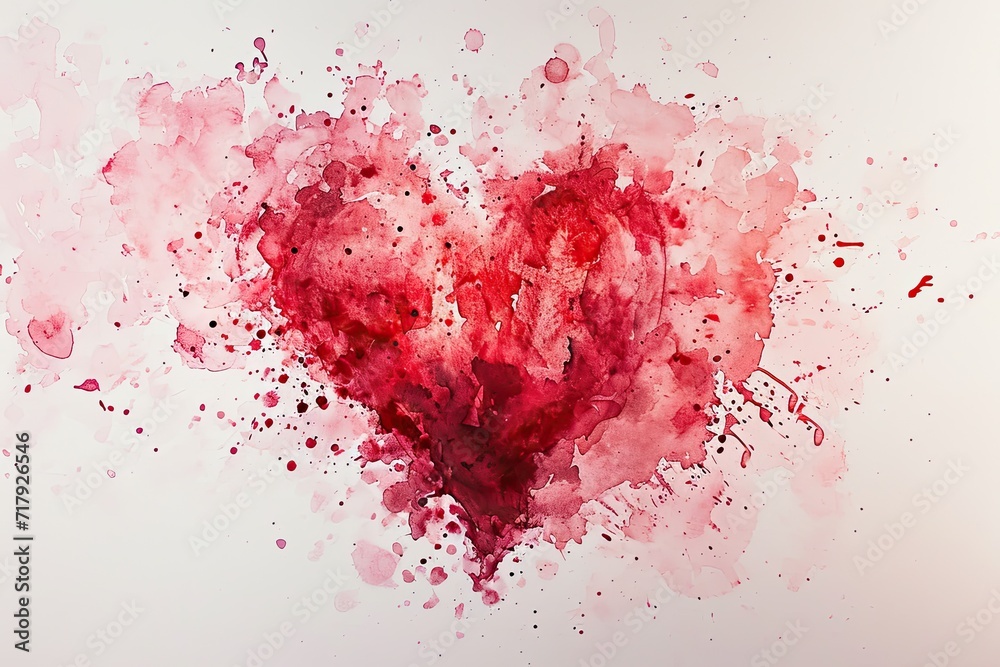 background with an abstract red and pink watercolor splash forming a heart shape on a white background, a vibrant and artistic Valentine's Day setting.