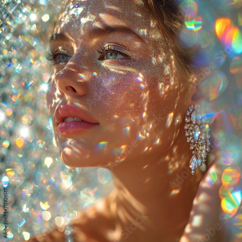 Fashion portrait of young beautiful woman with sparkles on her face. AI.