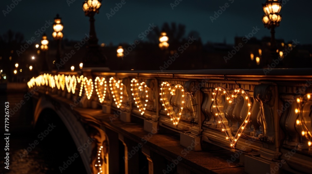 Heart-shaped lights adorn a bridge railing at night, creating a magical and romantic pathway with a warm glow against the darkness.