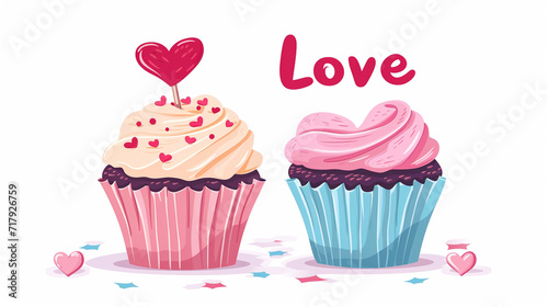 A picture of two cupcakes  one with a heart topping   Love  sweetly written  Valentine s Day  flat illustration  white background  with copy space
