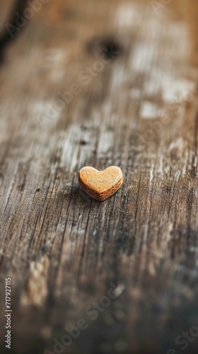 A small wooden heart is placed on weathered wooden planks, conveying a rustic and sentimental atmosphere.