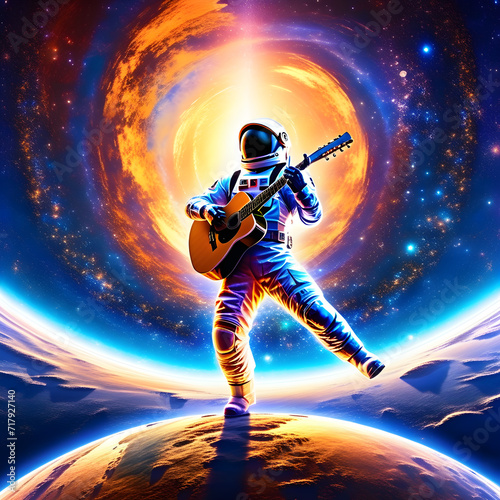 Joyful astronaut in space strums a guitar. A heartwarming moment of celestial serenity and musical bliss in the cosmic solitude.