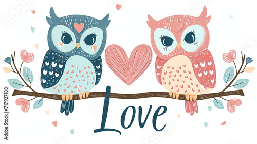Two charming owls sitting on a branch with a heart between them, "Love" in whimsical lettering, Valentine's Day, flat illustration, white background, with copy space