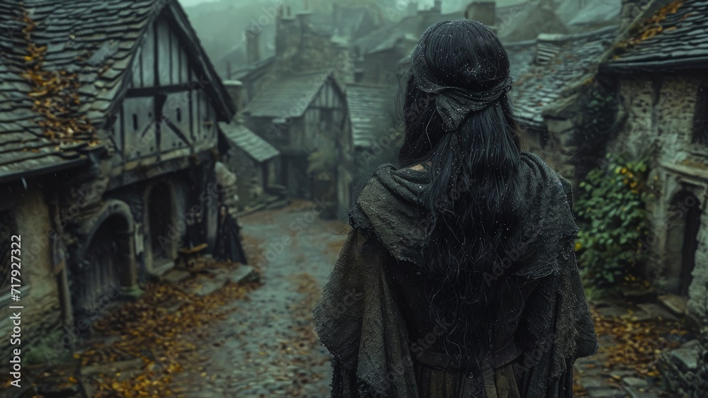 Mysterious medieval girl with a cloak in a dark and haunted scene