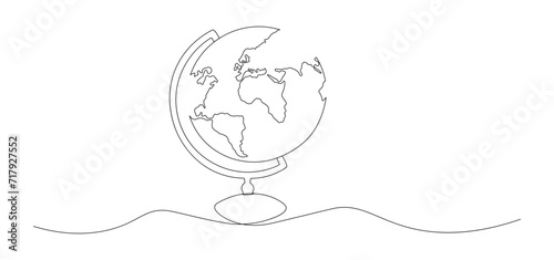 One continuous line drawing of school globe.World map doodle line drawing. Earth map hand drawn symbol