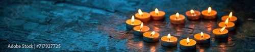 A banner with a wide shot of heart-shaped candle arrangement on a rustic blue background  casting a warm  inviting glow for Valentine s day 