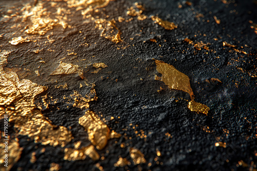 Golden layers on a black rock. Background image. Created with Generative AI technology