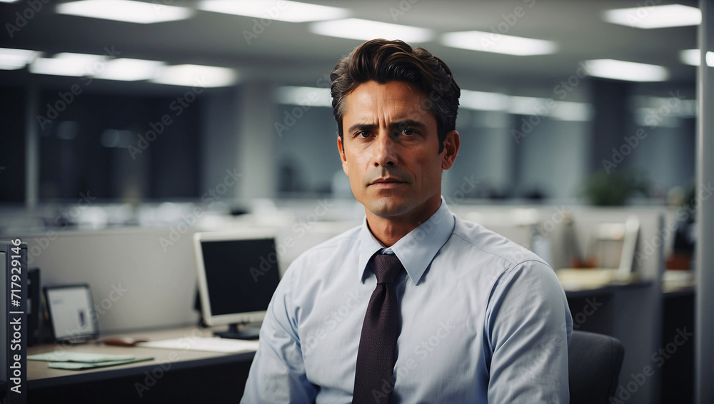 Serious office worker, complex man in shirt and tie, against background of stylish office with table and a computer. Office is empty, it’s late to work, with monitor and his workplace. Business style Serious office worker, complex man in shirt and tie, against background of stylish office with table and a computer. Office is empty, it’s late to work, with monitor and his workplace. Business style