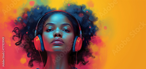 Yellow background.Beautiful black young girl with curly hair with red headphones is listening the music. Enjoy of music concept. Colourful background. Watercolour illustration. Selective focus