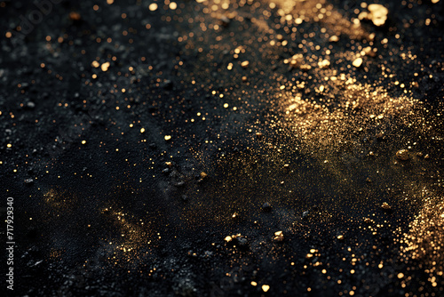Golden dust on a black rock. Background image. Created with Generative AI technology