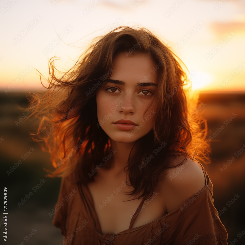 portrait of a woman with long hair, sunset portrait of a woman with long hair, sunset