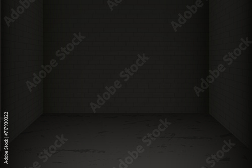 Dark brick room with concrete floor template. Black space without renovation with simple empty interior and walls with incidents of vector light.